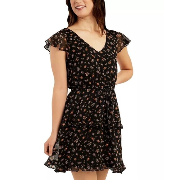 BCX Baby Doll Dress Womens XS Black Floral Short Layered New - Picture 1 of 10